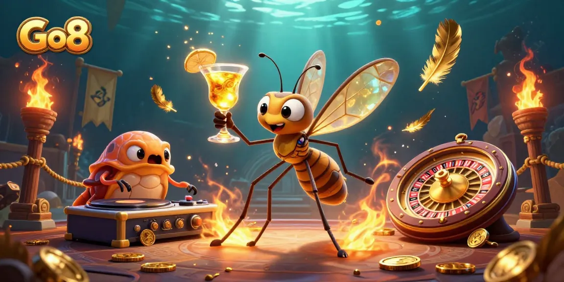Go8 casino illustration showcasing a vibrant, engaging scene with an amber mosquito mascot and a trilobite DJ.