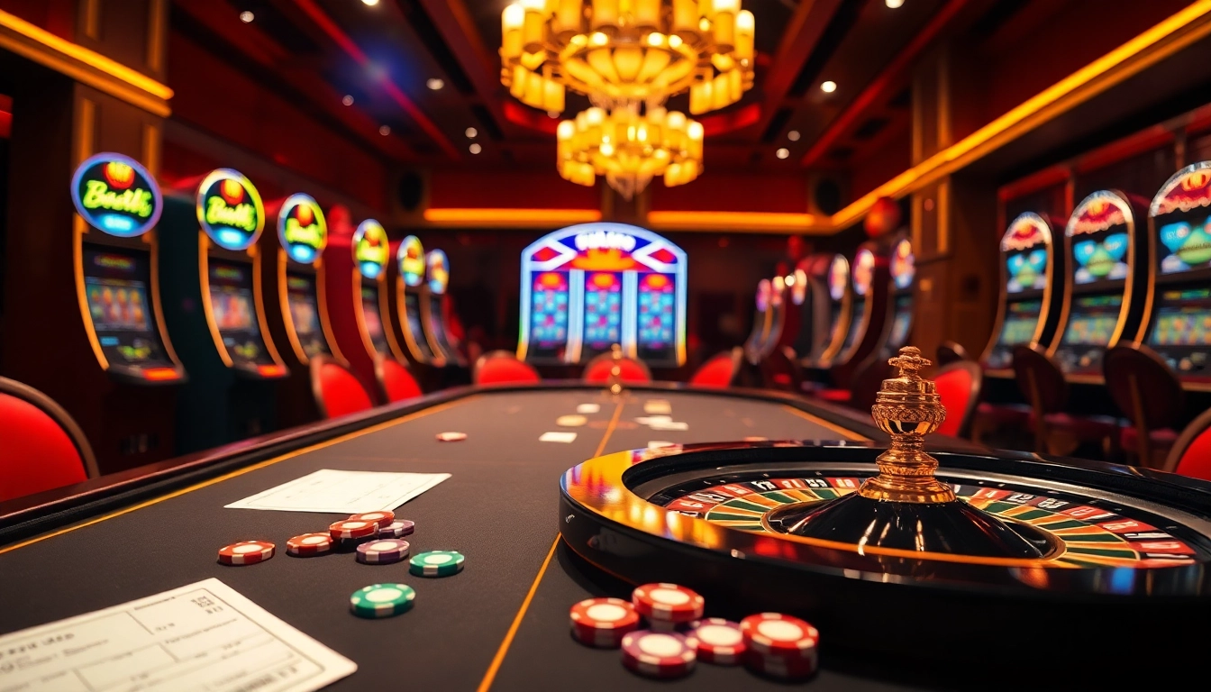 Rasakan kegembiraan Birutoto dengan pemandangan kasino mewah yang menampilkan permainan poker dan mesin slot.