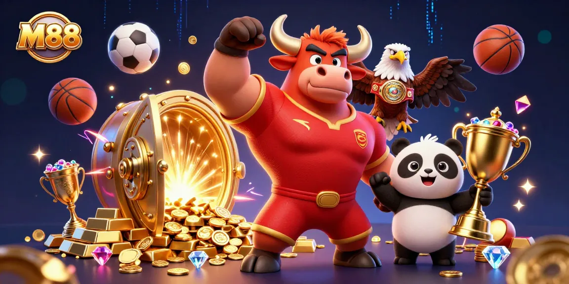 Celebrate wins at M88 with dynamic sports betting-themed 3D illustration featuring mascots and treasure elements.