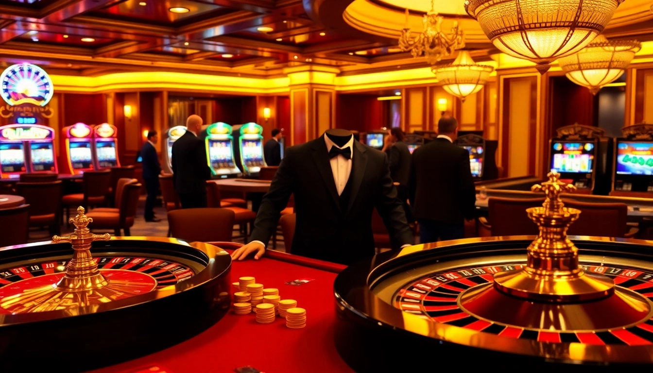 Players engaged in high-stakes poker at m88 casino with vibrant lights and luxurious decor.