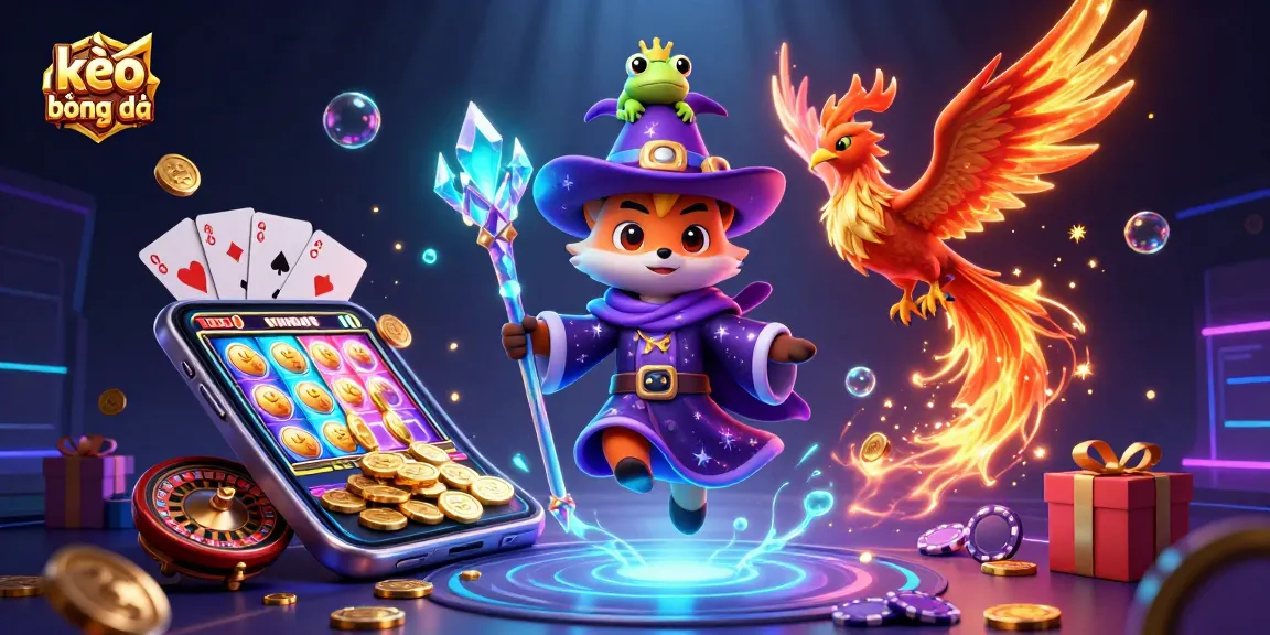 Engage with kèo bóng đá in a vibrant 3D scene filled with casino elements and whimsical characters.