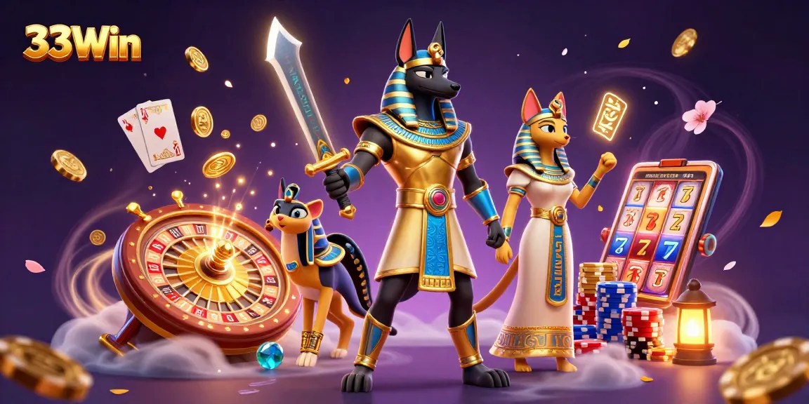 Experience the excitement of 33Win with ancient treasures and vibrant casino elements.