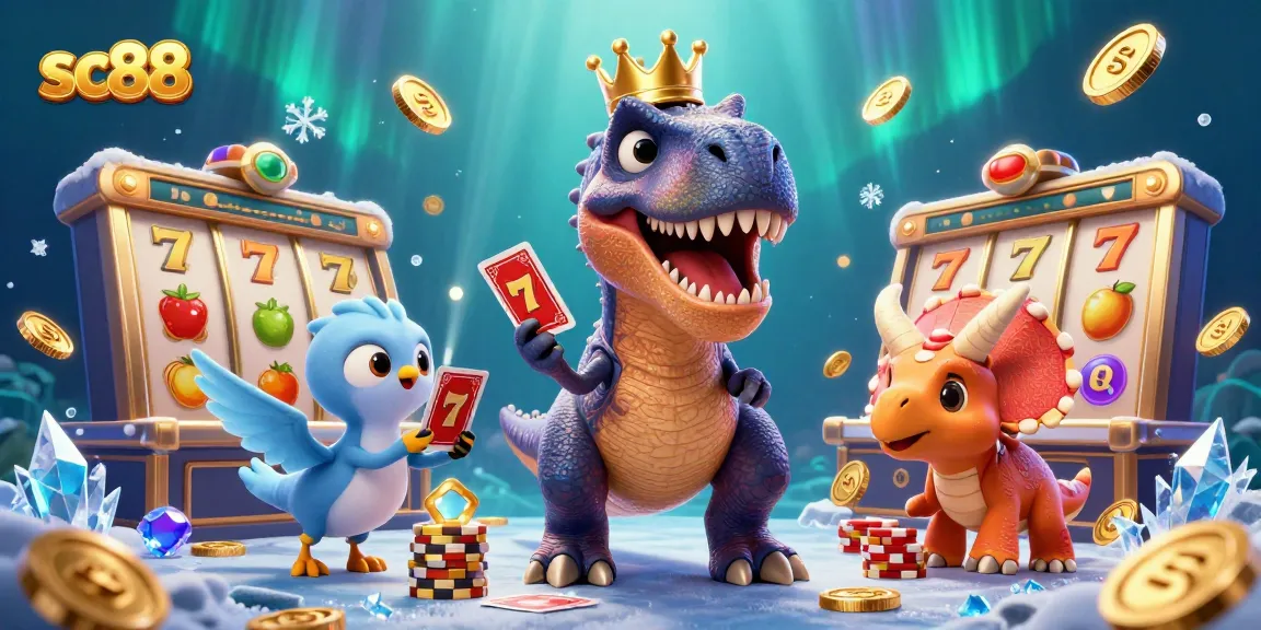 Engage with SC88's lively and vibrant casino experience as a T-Rex shuffles cards with a golden crown.