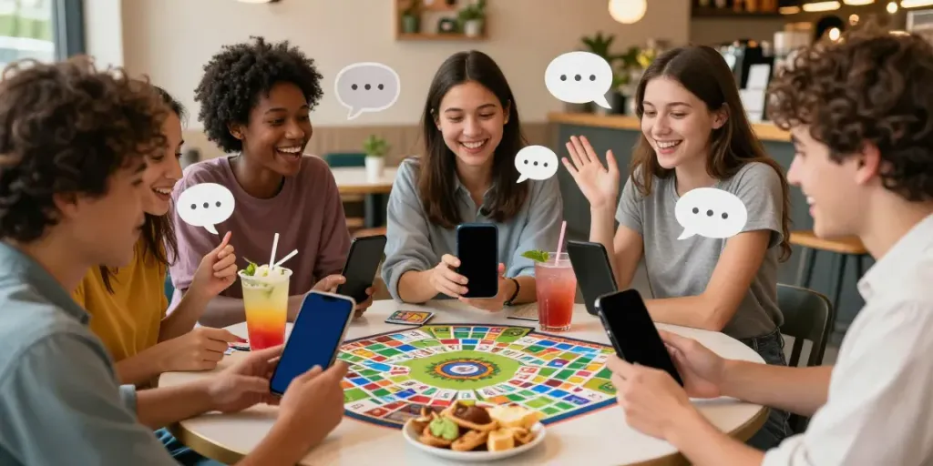 Friends enjoying Rumble Rummy on a smartphone in a café setting.