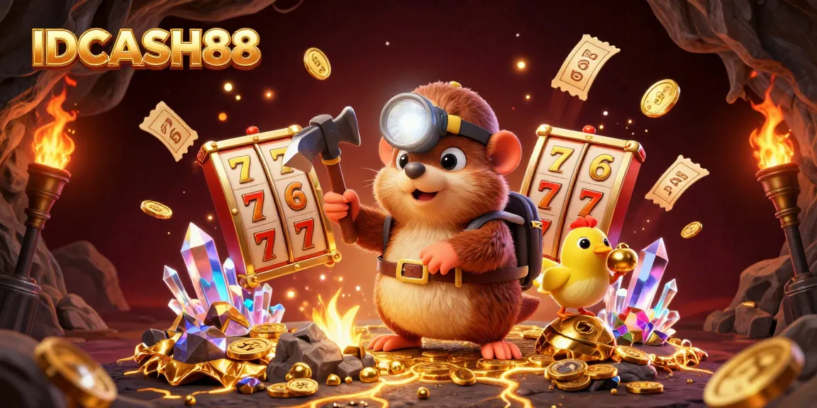 Experience IDCASH88 with a cartoon mole and canary hunting for treasures in a vibrant casino-themed world.