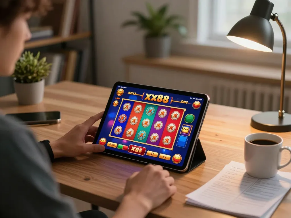 Engaging xx88 game experience on tablet while planning strategy at home workspace.