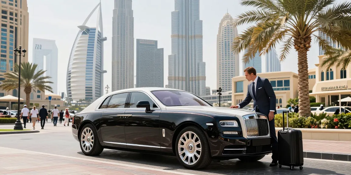 Mobil mewah LUXURY 777 terparkir di Dubai dengan latar belakang skyline yang megah.