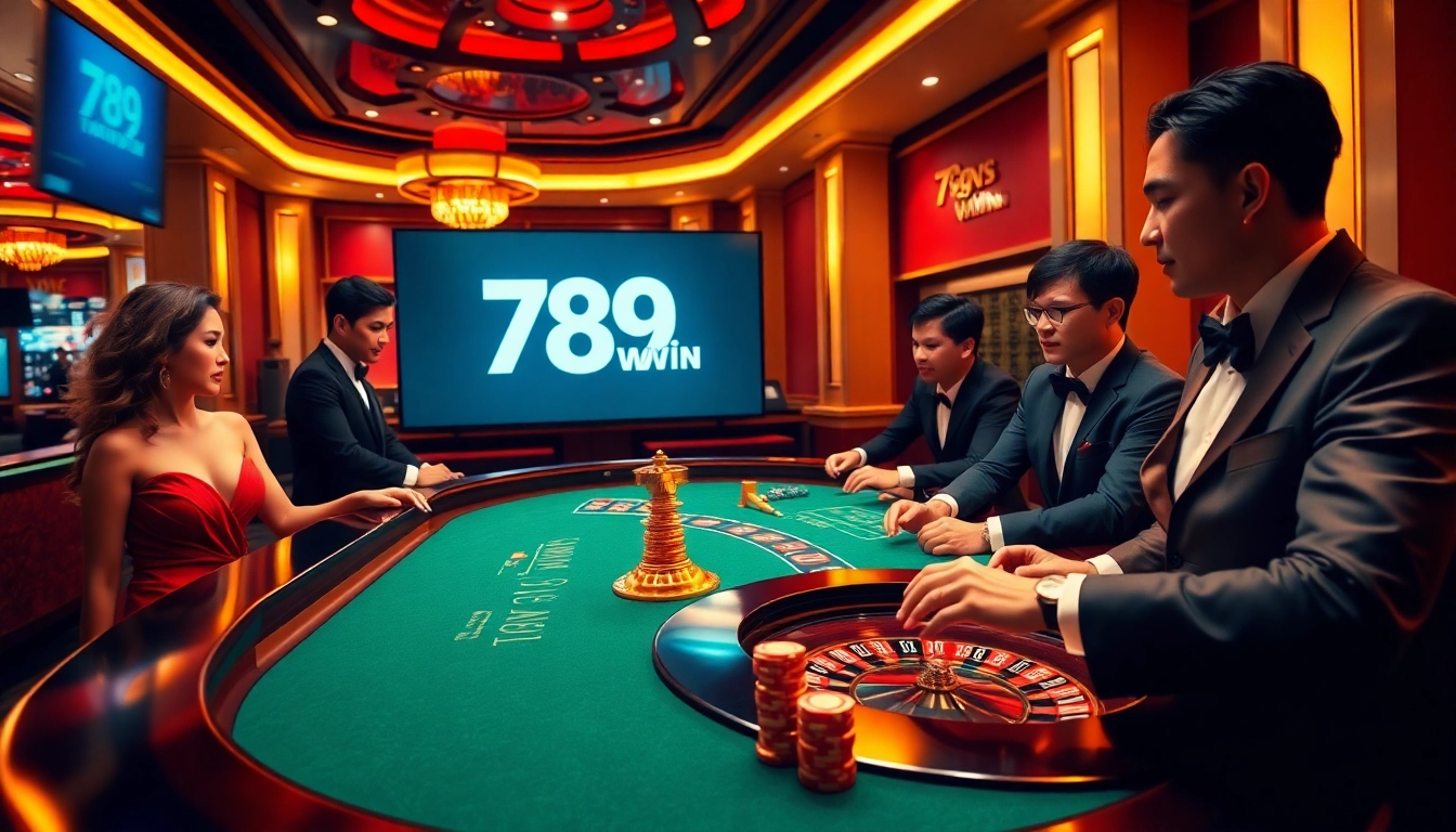 Engaging players at a luxurious casino scene highlighting 789Win's thrilling gambling experience.