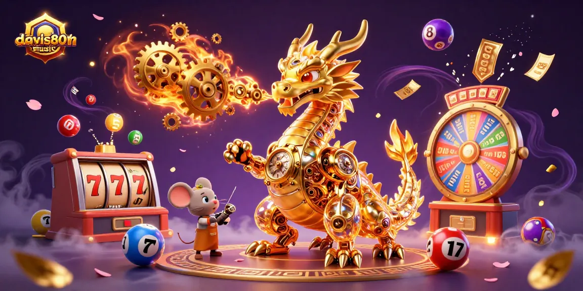 Engage with davis80smusic as a golden dragon breathes gears amidst vibrant casino elements.