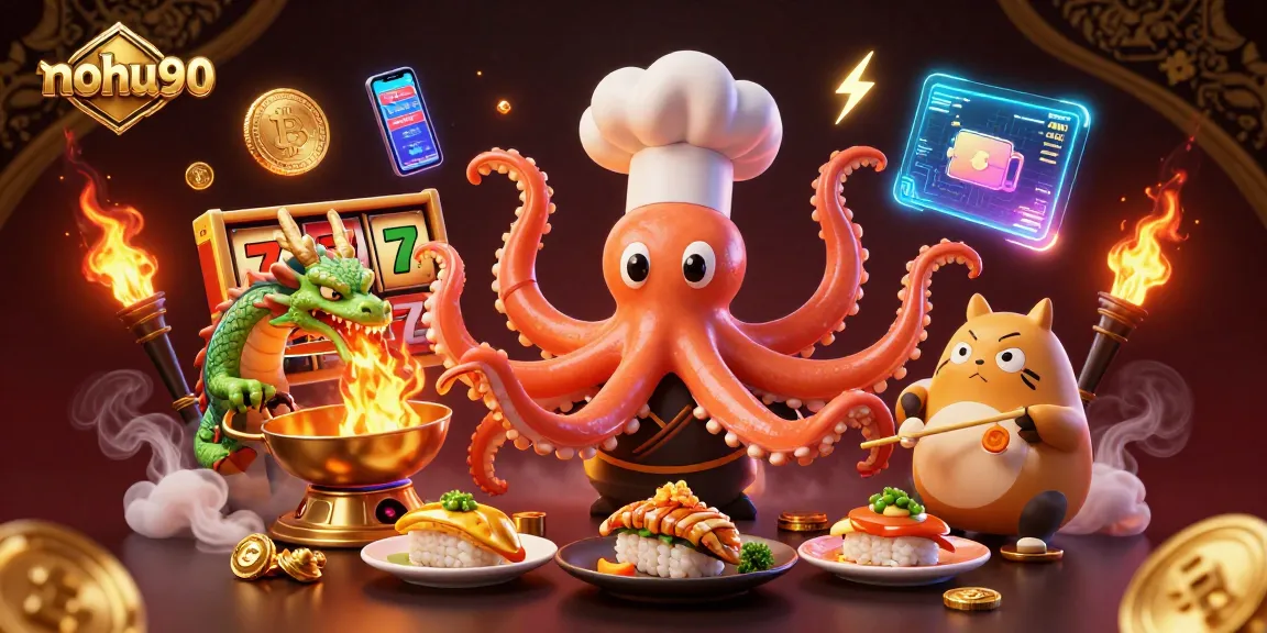 Nohu90 multiplies excitement with a vibrant casino scene featuring dynamic slot reels.