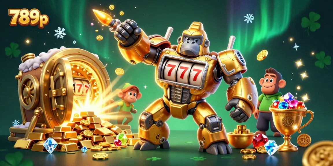 Engage with 789p's thrilling slots in a vibrant 3D casino scene featuring golden treasures and animated characters.