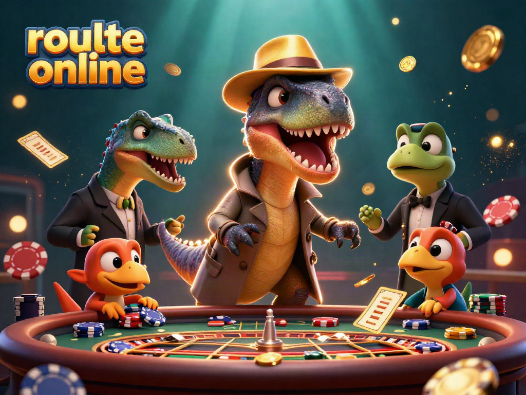 Experience the excitement of roulette online with a playful velociraptor at the table.