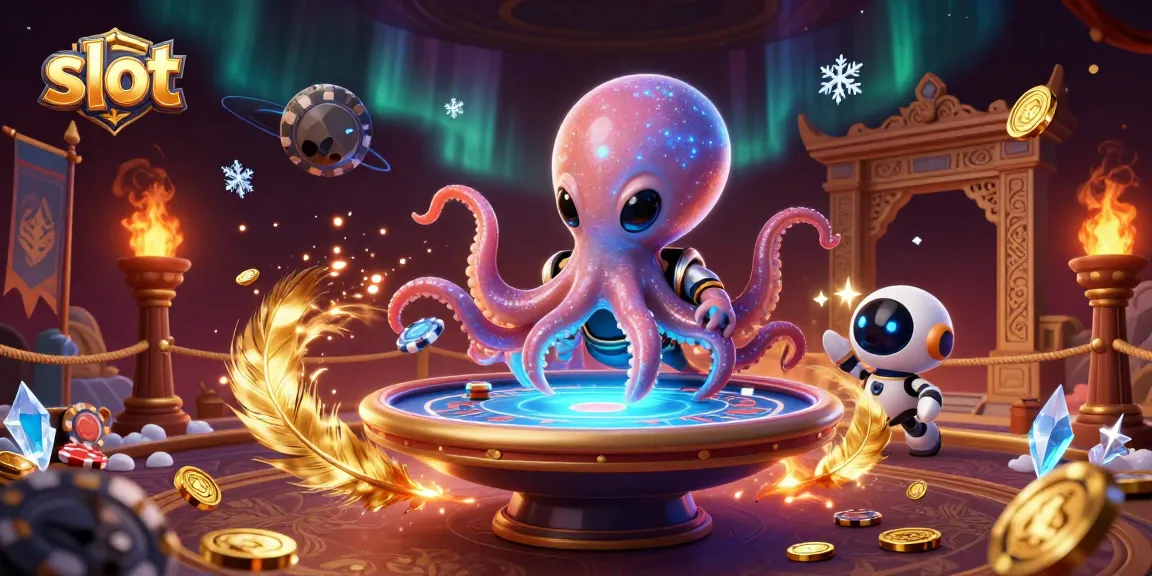 Engage in slot games with an alien octopus processing bets at a holographic table.