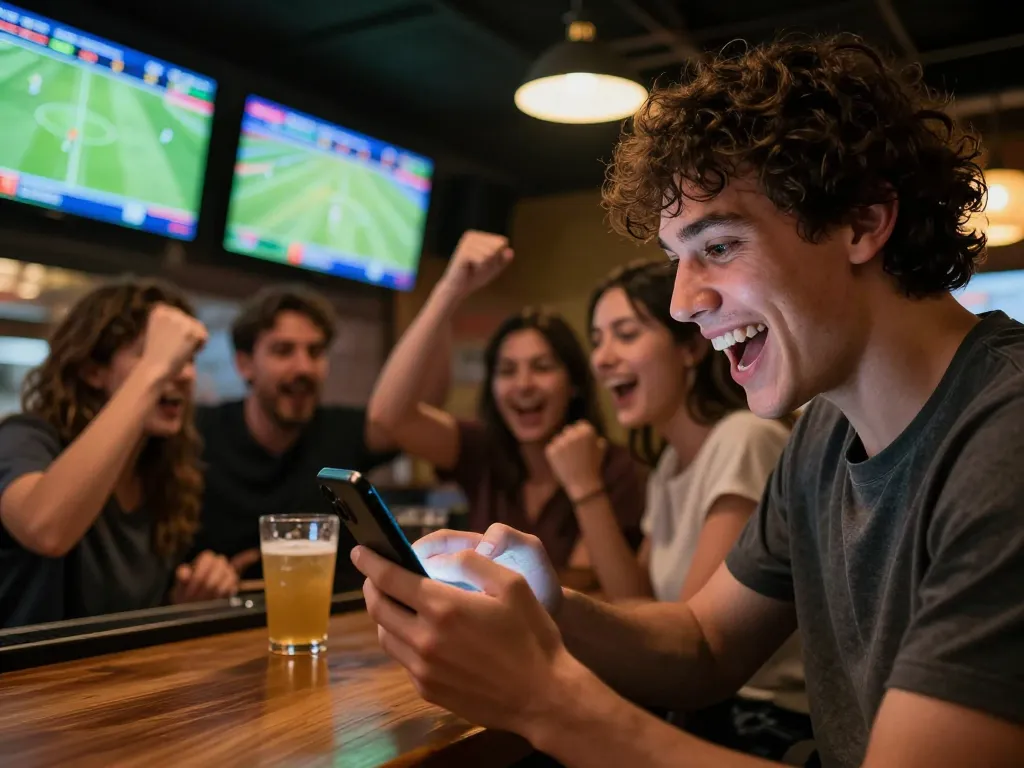 Pengalaman taruhan olahraga yang menarik dengan pembaruan skor langsung di smartphone di bar olahraga yang ramai.