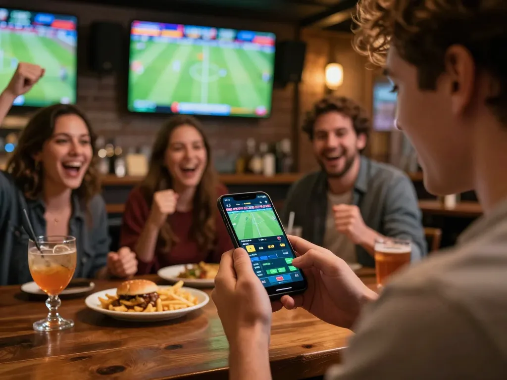 Engaged user placing bets on keonhacai5 sports app during live football match at a vibrant sports bar