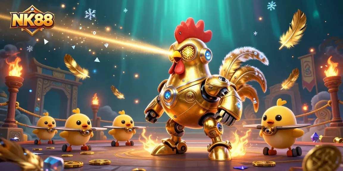 Engage with NK88’s thrilling atmosphere, featuring the golden rooster robot and chick drones in a vibrant casino scene.