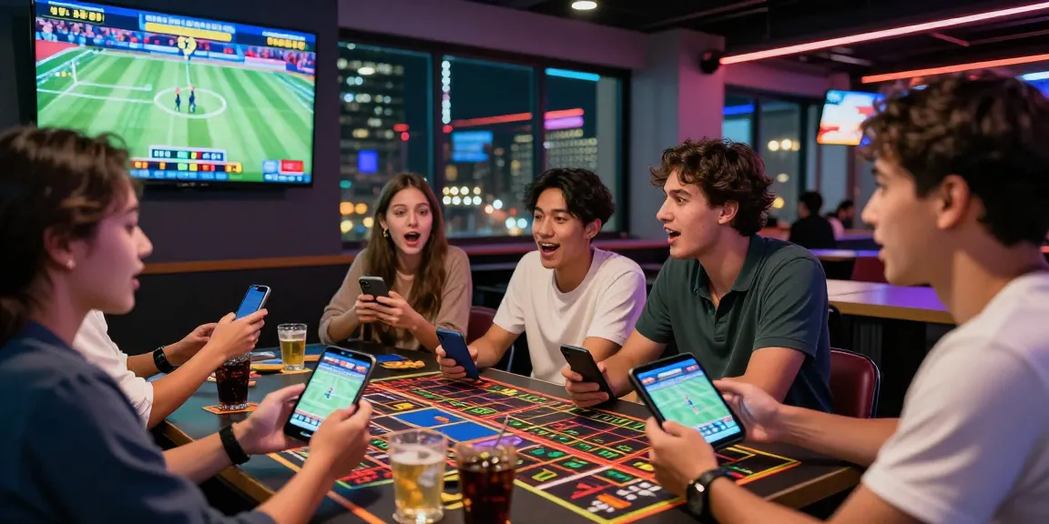บรรยากาศตื่นเต้นใน playme8 sportsbook ที่เพื่อนสนุกสนานรอบจอใหญ่