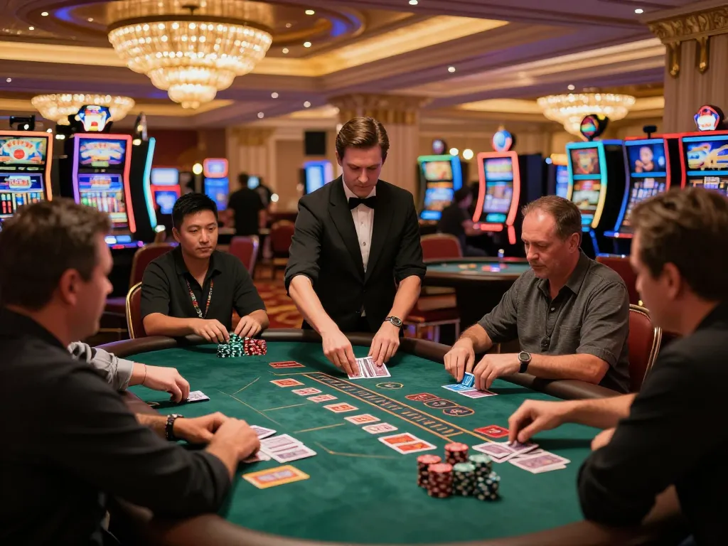 dinamit4d players eagerly placing bets at a high-stakes blackjack table in a luxurious casino