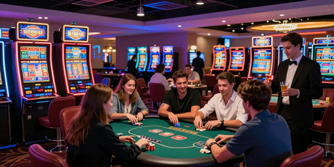 Giocatori diversi impegnati a un tavolo da casinò vivace circondato da luci brillanti e giochi, che mostrano l'attrattiva dei siti non AAMS per il gioco online interattivo.