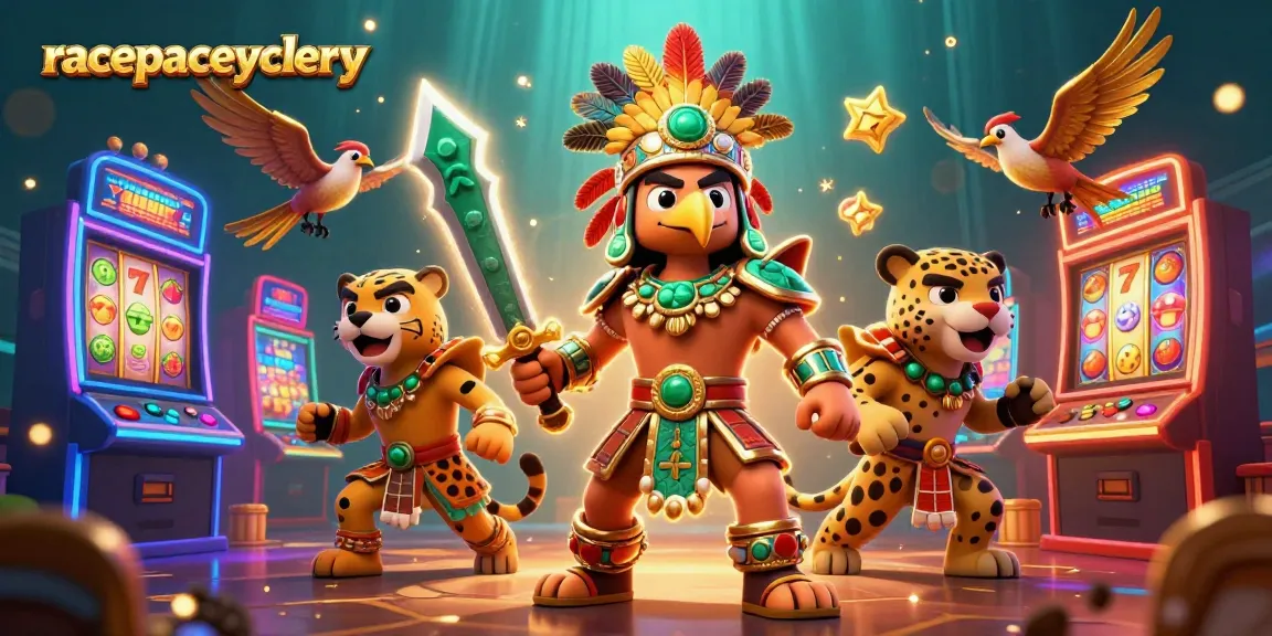 Experience thrilling slots with racepacecyclery's vibrant 3D casino illustration, featuring Aztec warriors.