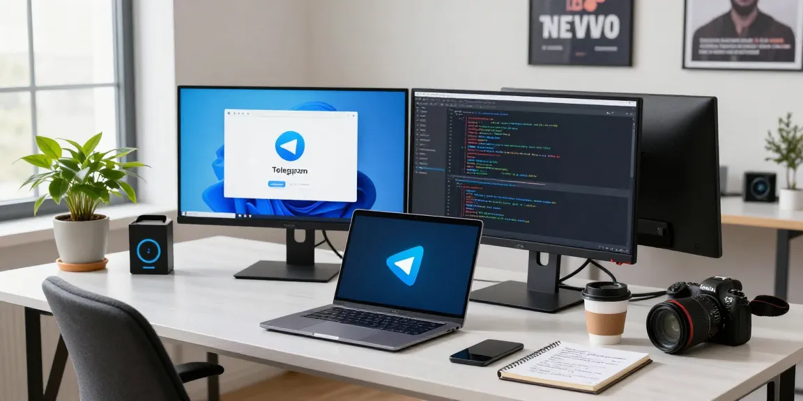Developer using multiple screens showcasing Telegram Download in a modern workspace.