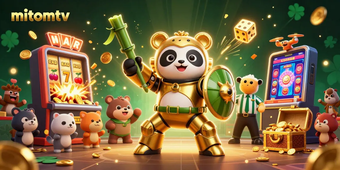 Experience the excitement of mitomtv with a vibrant 3D illustration of a golden panda mech and casino elements.