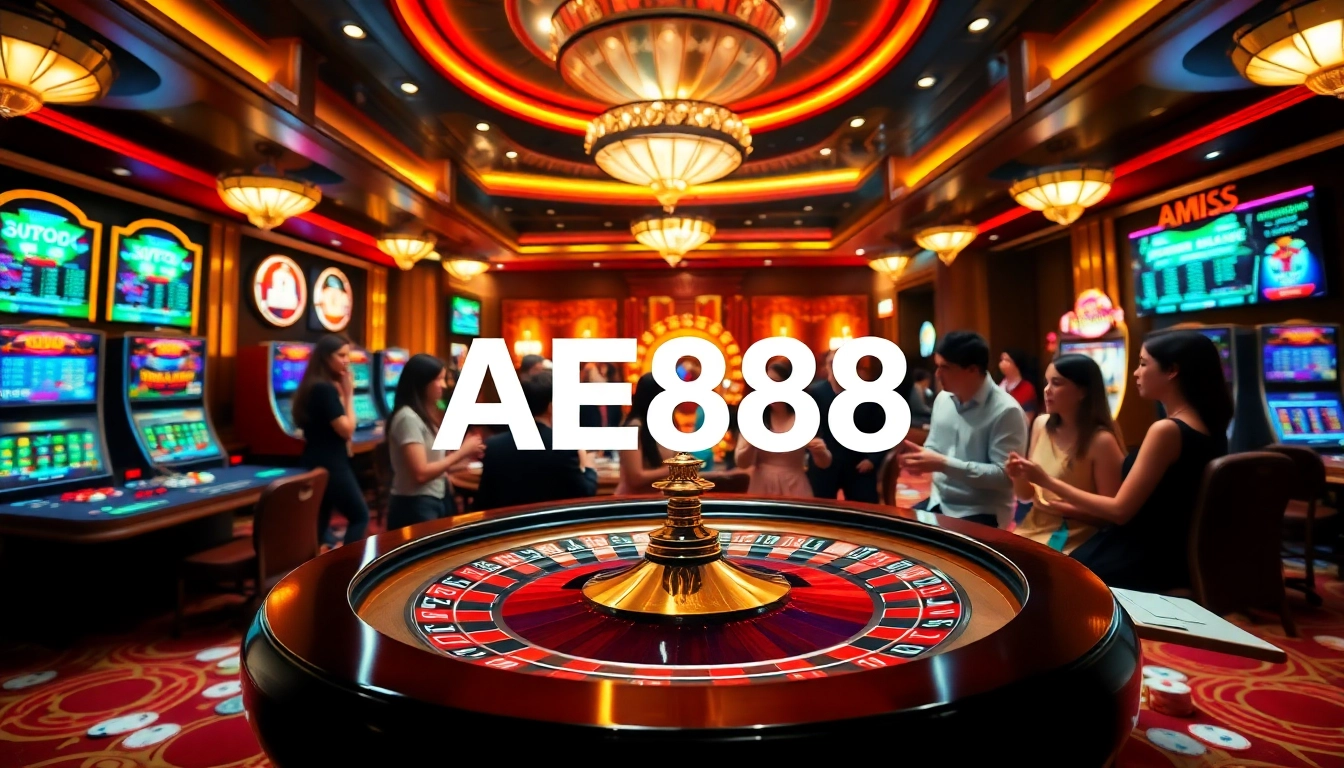 Gamblers enjoying a vibrant AE888 roulette table with chips and cards.