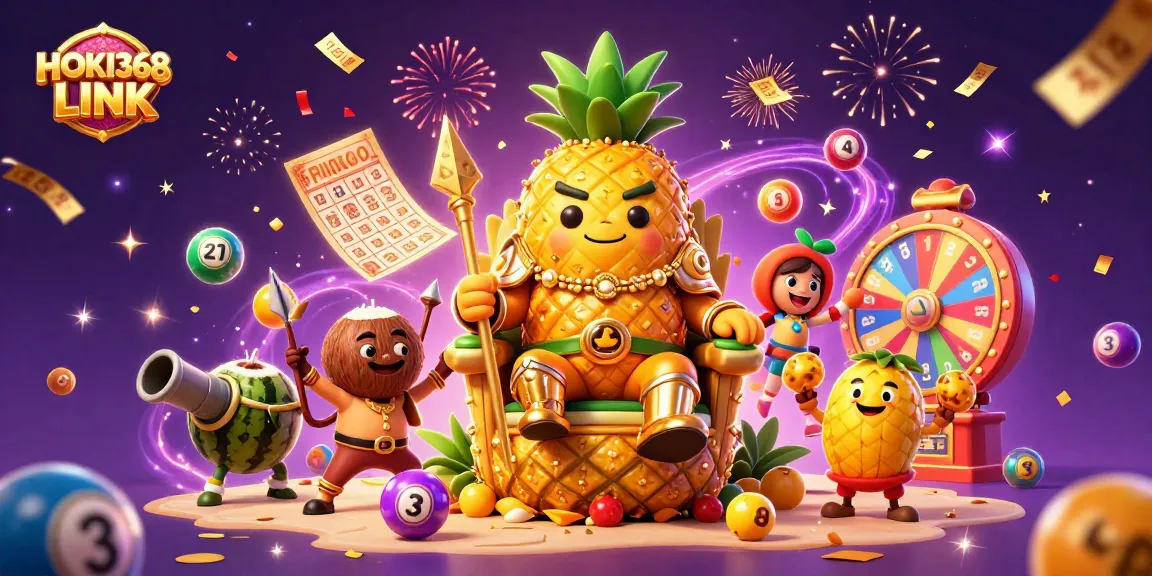 Engage with the HOKI368 LINK in a vibrant 3D casino scene featuring lively characters and exciting lottery elements.