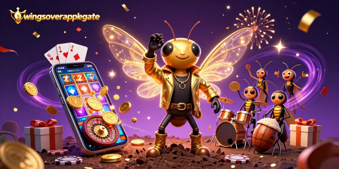 Experience thrilling games with wingsoverapplegate amidst vibrant casino characters and festive elements.