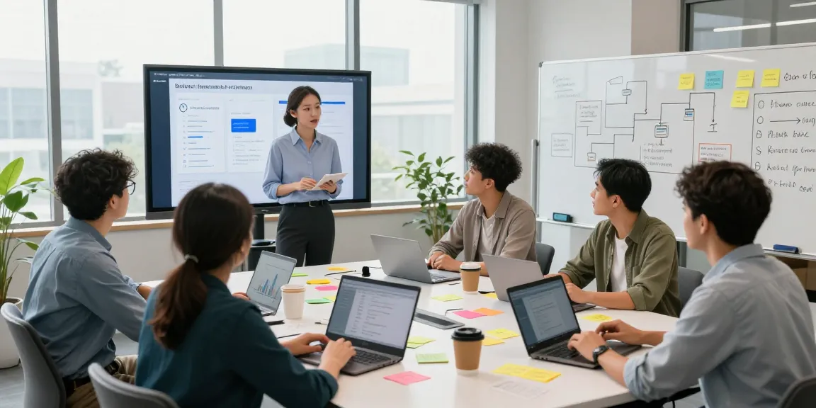 Team collaborating to build internal tools with AI in a modern workspace.