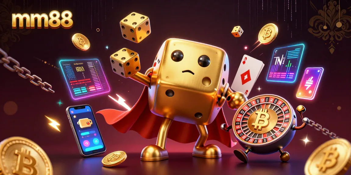 Experience the excitement of mm88 with a vibrant scene featuring golden dice golems and holographic crypto elements.