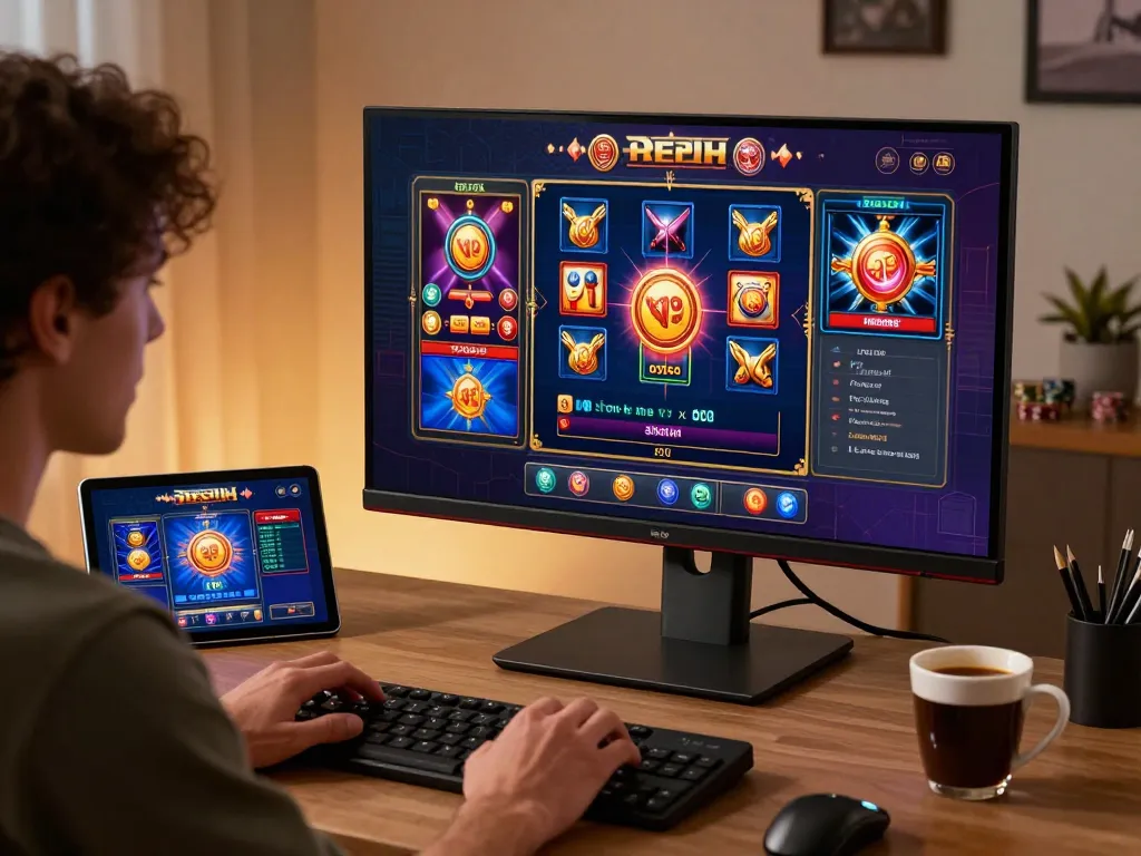 LIGA2000 online slot gaming action in a cozy home office with vibrant games on display.