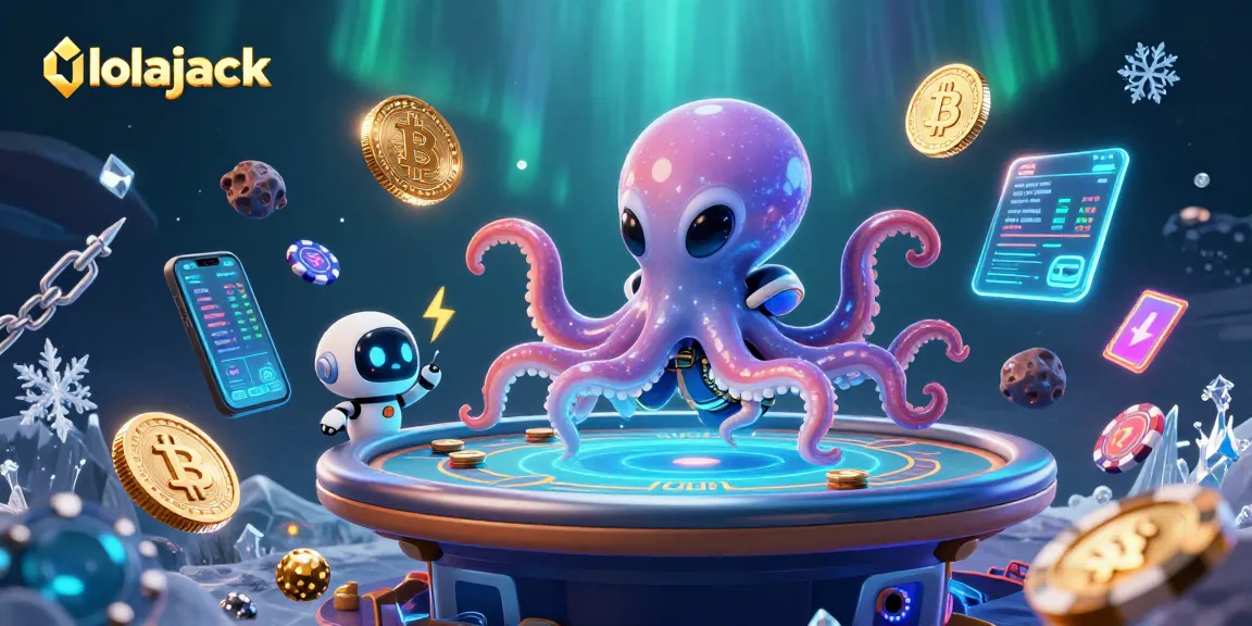 Play at lolajack with an exciting alien octopus in a cosmic poker scene filled with vibrant tokens.