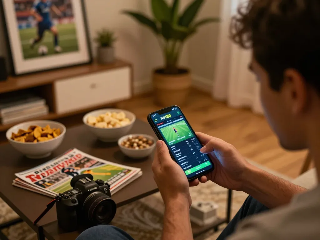 Engaged user placing bets on net88 app while enjoying a cozy sports night at home