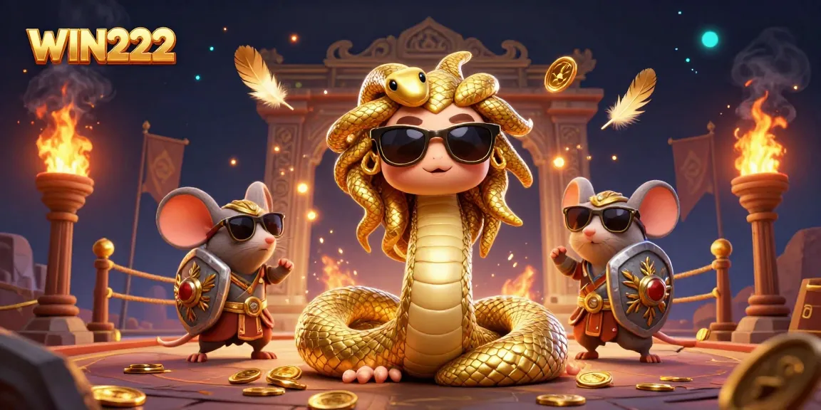 Engage with WIN222's vibrant online casino scene featuring Medusa and warrior elements amidst captivating game symbols.