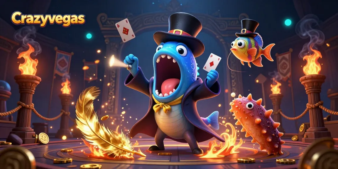 Experience magic at crazyvegas with a bioluminescent eel performing card tricks in a vibrant casino scene.