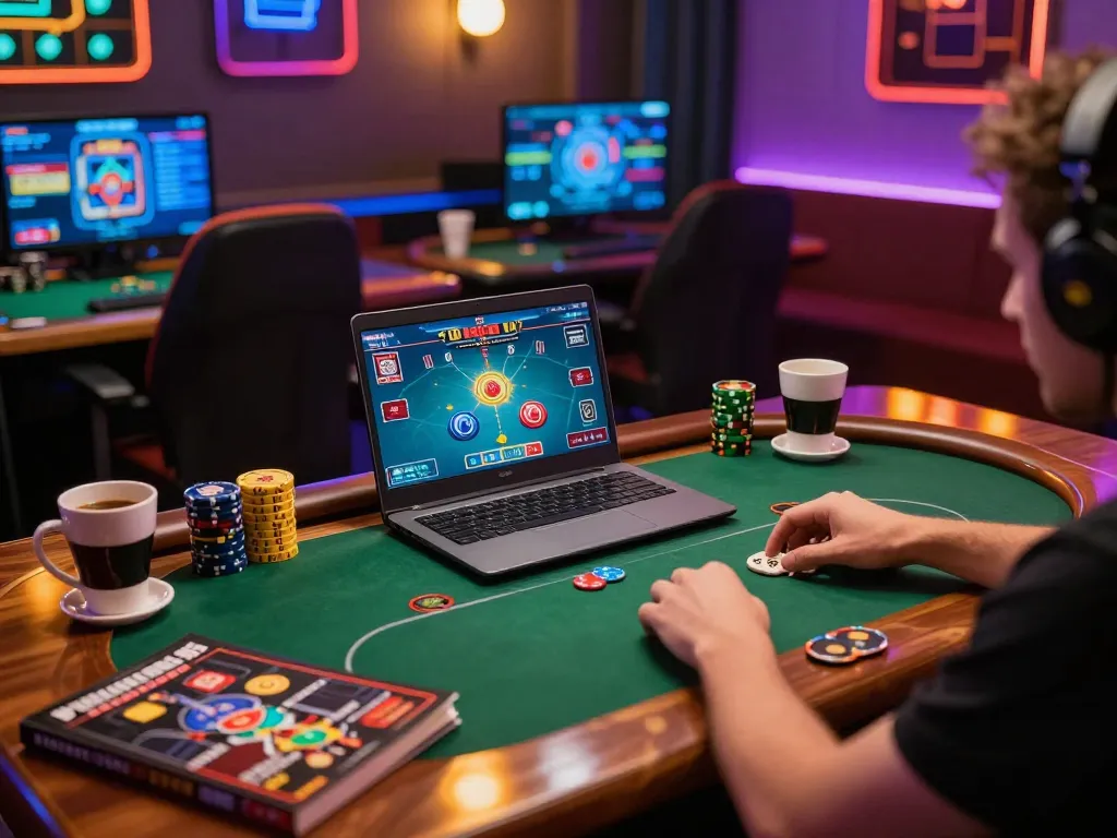 Engaged player on F168 enjoying poker online with colorful casino decor around.
