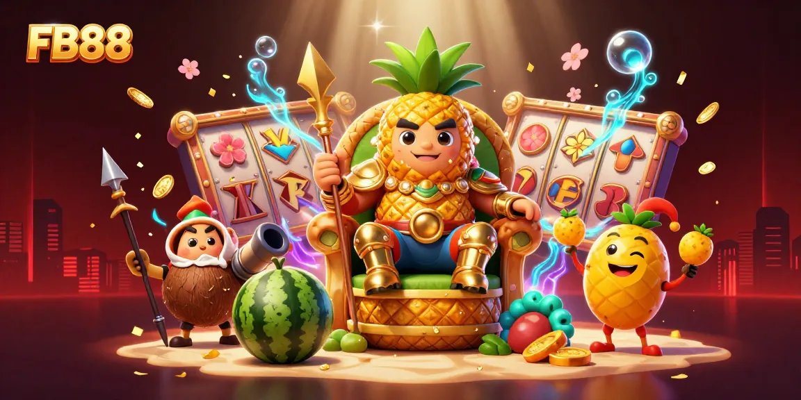 Win at FB88 with a lively 3D scene showcasing a golden pineapple king and casino elements.