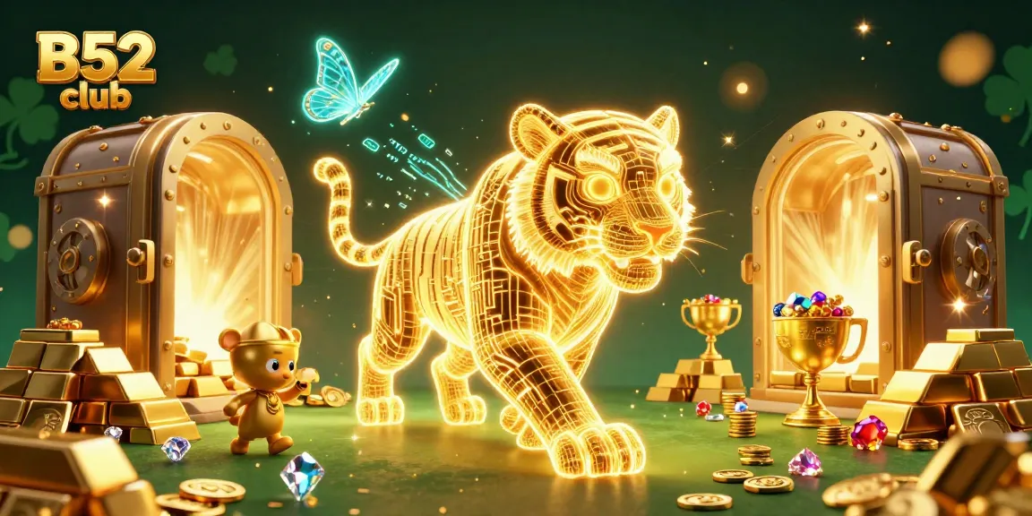 Experience the excitement of B52 club with golden treasures and vibrant casino elements in a magical scene.