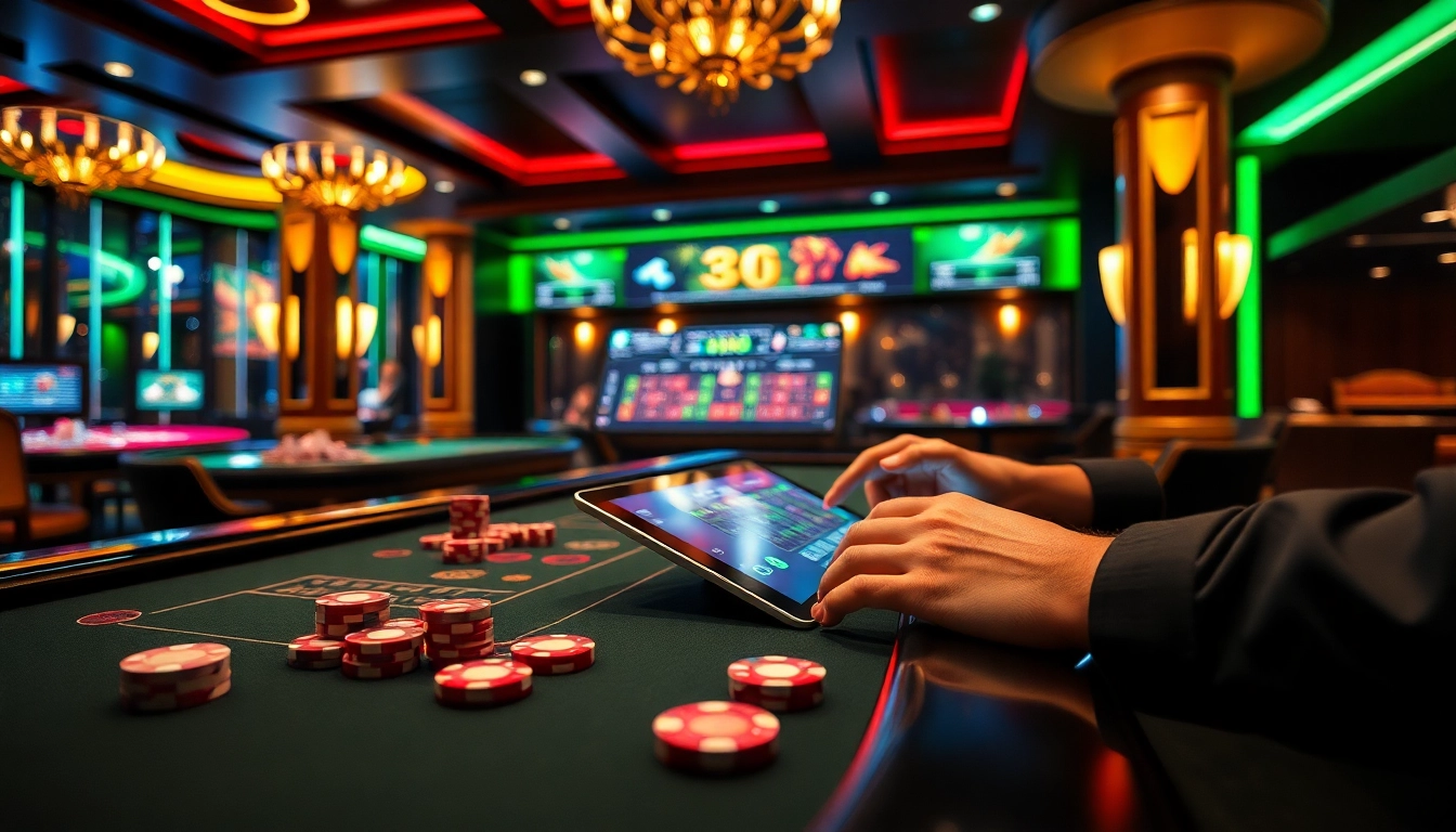Tài xỉu online gameplay demonstrated on a sleek tablet amid a luxurious casino atmosphere.
