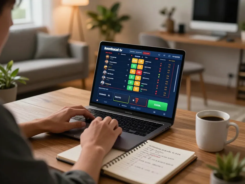 Experience keonhacai tv sports betting excitement from home with a laptop setup displaying live odds.