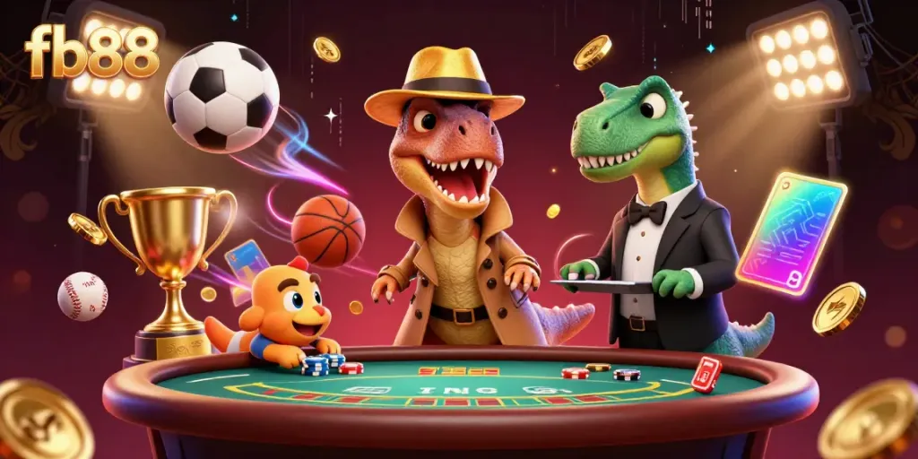 Experience the excitement of fb88 with a charming velociraptor at a blackjack table, under dynamic sports elements.