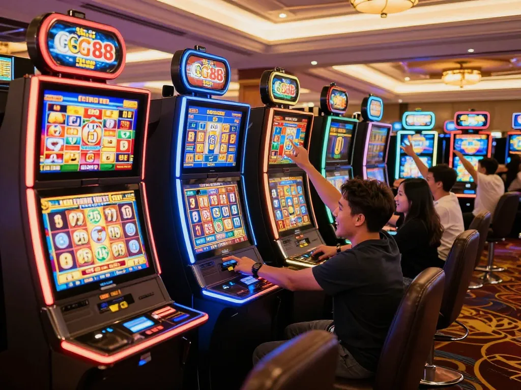 Players enjoying the GG88 slot Link, celebrating near vibrant slot machines with bright lights.