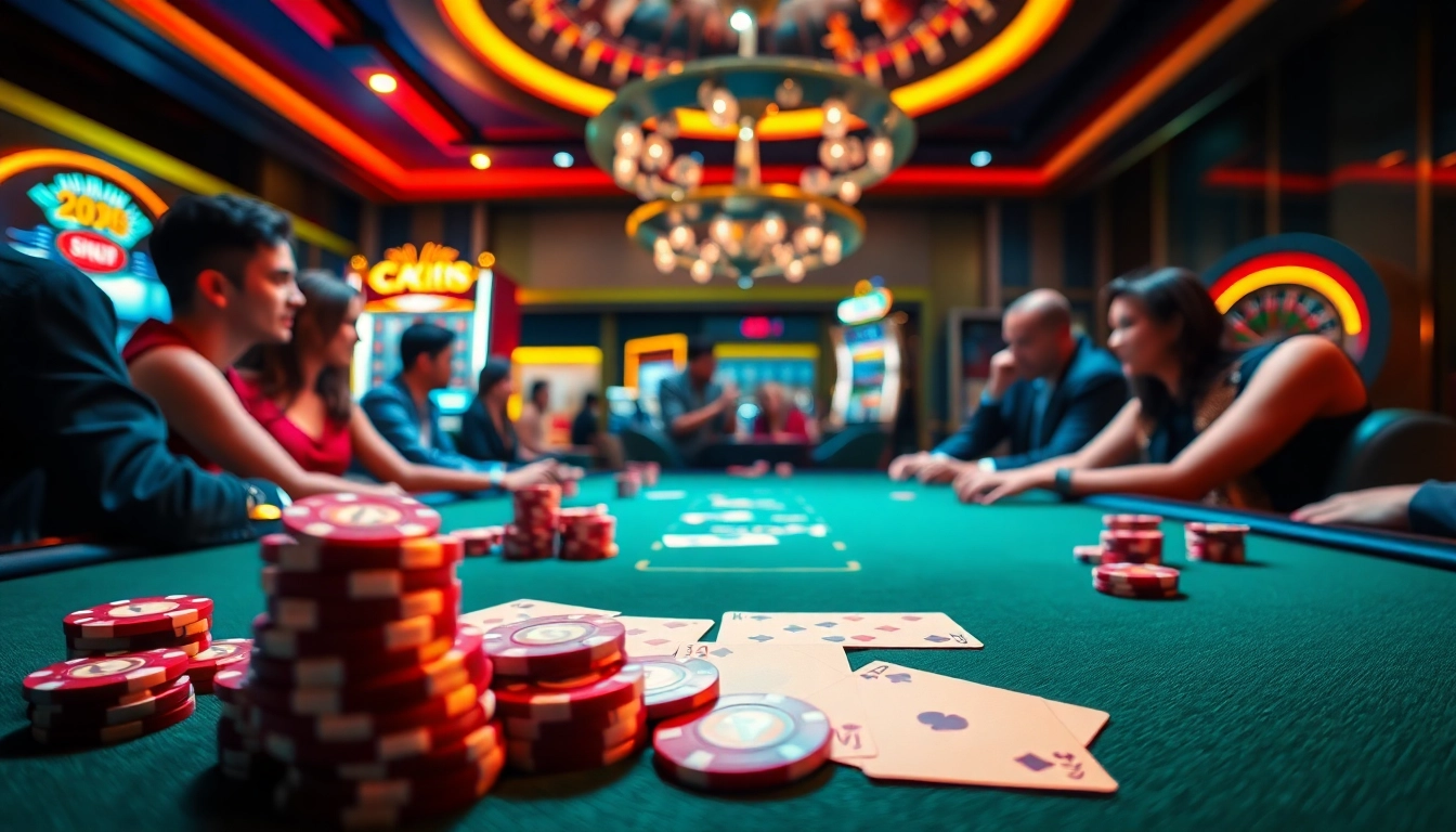 Experience the thrill of Nhà cái ok88386 with a vibrant casino scene featuring poker tables and roulette wheels.