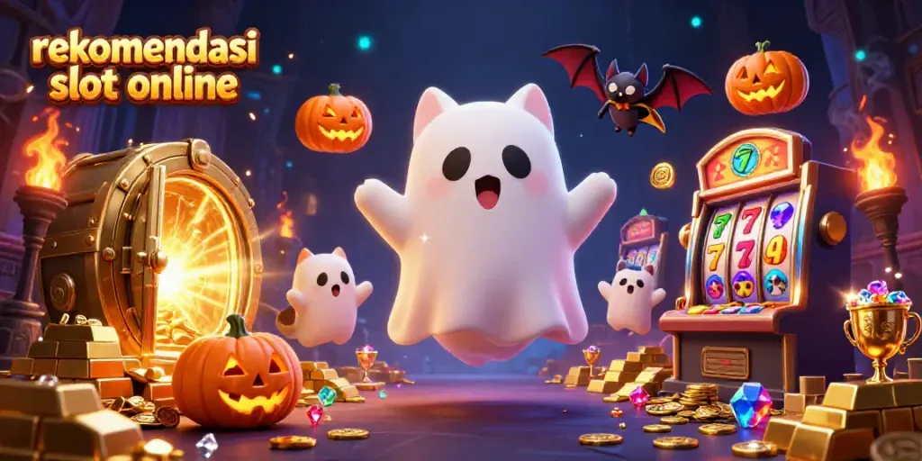 Ilustrasi memikat rekomendasi slot online dengan kucing hantu dan elemen kasino