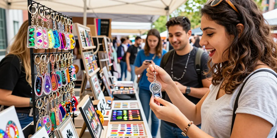 Explore diverse custom keychains at a vibrant marketplace, featuring unique acrylic designs.