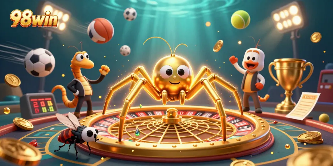Bet on exciting games at 98win with dynamic 3D elements illustrating the thrill of casino action.