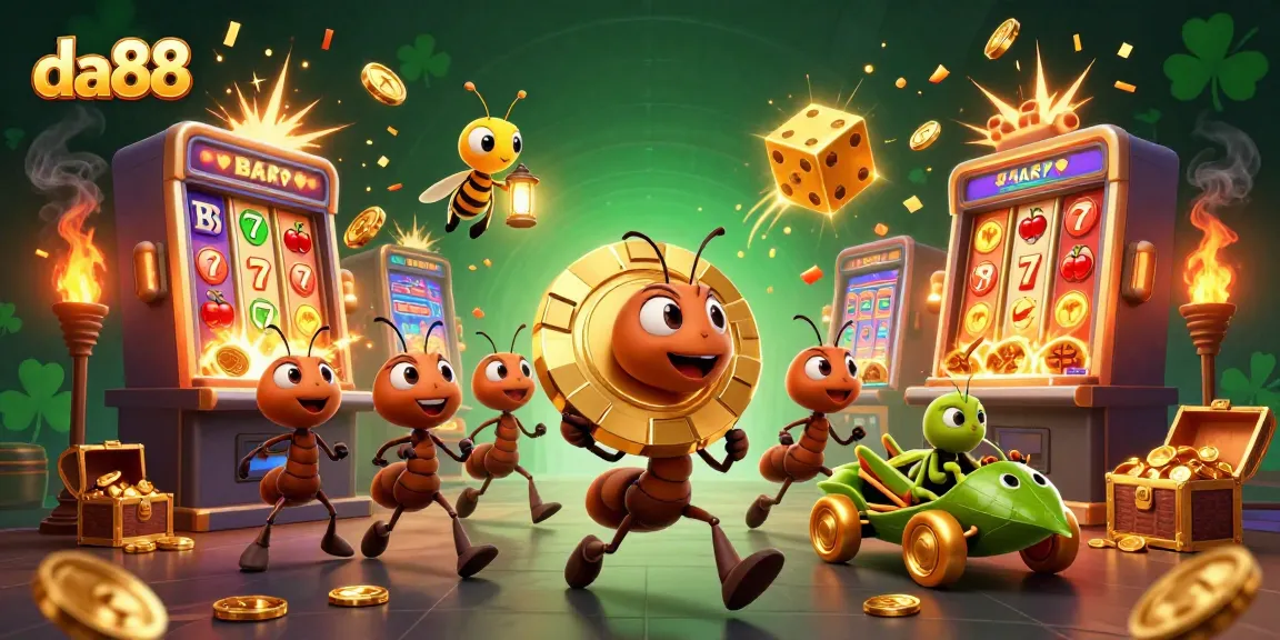 Win big with da88 while a team of ants executes a golden poker chip heist in a vibrant casino scene.