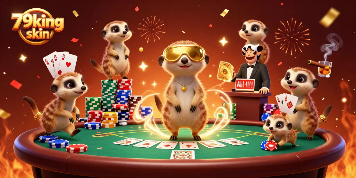 Engage in vibrant gaming action at 79king skin with an energetic meerkat casino scene featuring poker tables and colorful chips.