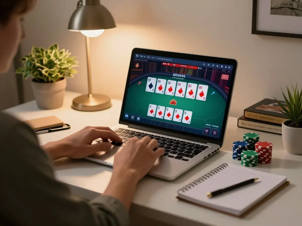 RIKVIP player enjoying online poker at home with strategy notes visible, capturing an immersive gambling experience.